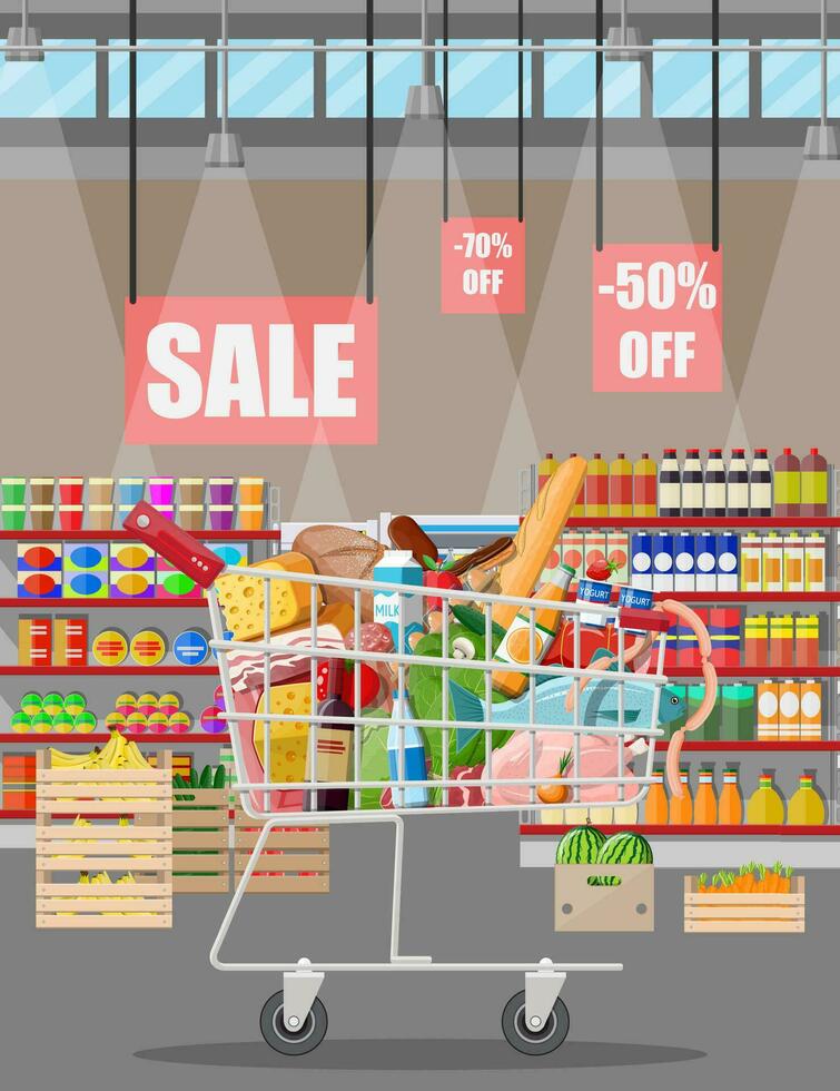 supermercato memorizzare interno con merce. grande shopping centro commerciale. interno memorizzare dentro. check-out contatore, drogheria, bevande, cibo, frutta, latteria prodotti. vettore illustrazione nel piatto stile