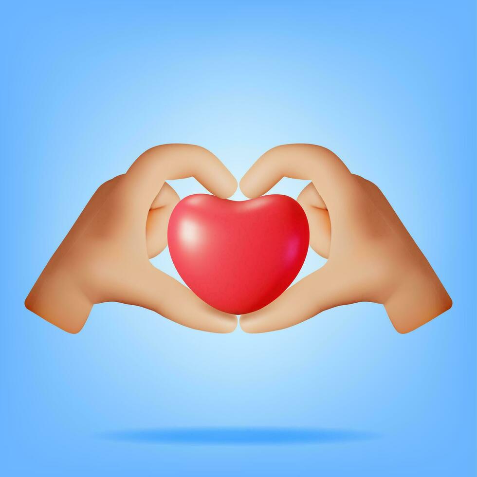 3d cuore e amore mano gesto simbolo isolato. rendere stilizzato cartone animato mani Tenere cuore cartello. sociale media risposta realistico icona. vettore illustrazione