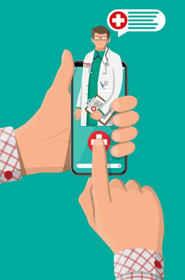 mobile Telefono con Internet farmacia shopping app. pillole e bottiglie, medicina in linea. medico assistenza, aiuto, supporto in linea. Salute cura applicazione su smartphone. vettore illustrazione nel piatto stile