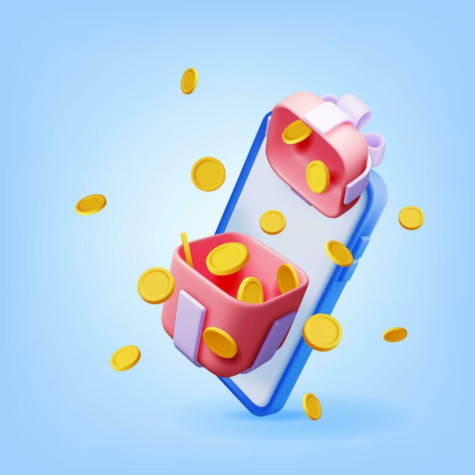 3d regalo scatola nel smartphone isolato. rendere pacco regalo su mobile Telefono schermo e i soldi. ricevente sorpresa scatola in linea. digitale Acquista o e-commerce concetto. promo negozio, regalo carta. vettore illustrazione