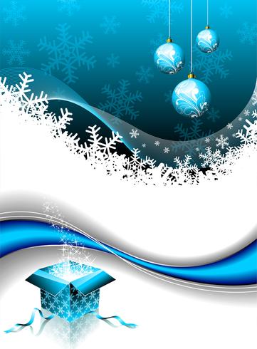 Illustrazione di Natale con scatola regalo magico e palla di vetro su sfondo blu vettore