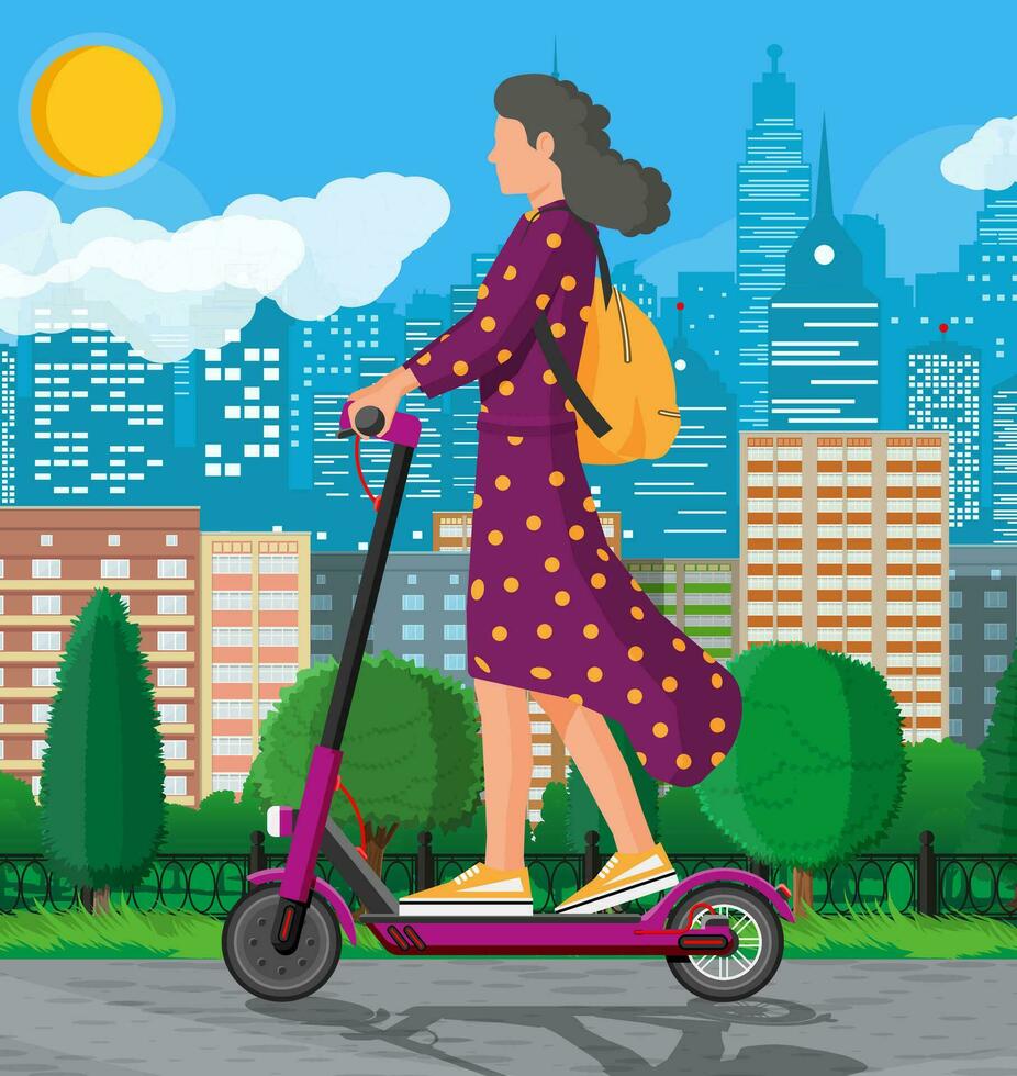 giovane donna su calcio scooter. ragazza con zaino rotolamento su elettrico scooter. fricchettone personaggio usi moderno urbano trasporto. ecologico, conveniente città trasporto. cartone animato piatto vettore illustrazione