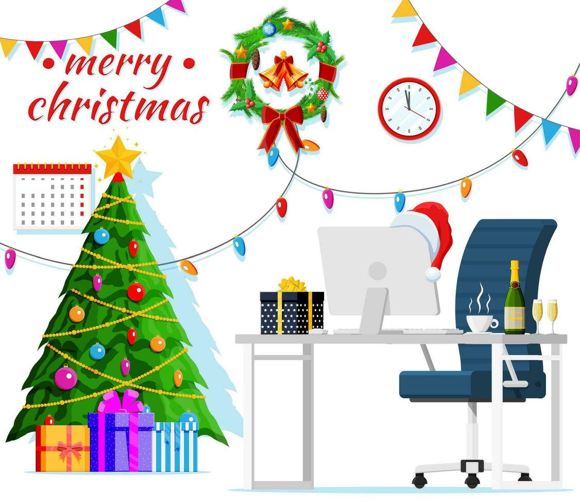 Natale e nuovo anno ufficio scrivania spazio di lavoro interno. regalo scatola, Natale albero, sedia, computer pc, orologi. nuovo anno decorazione. allegro Natale vacanza natale celebrazione. vettore illustrazione