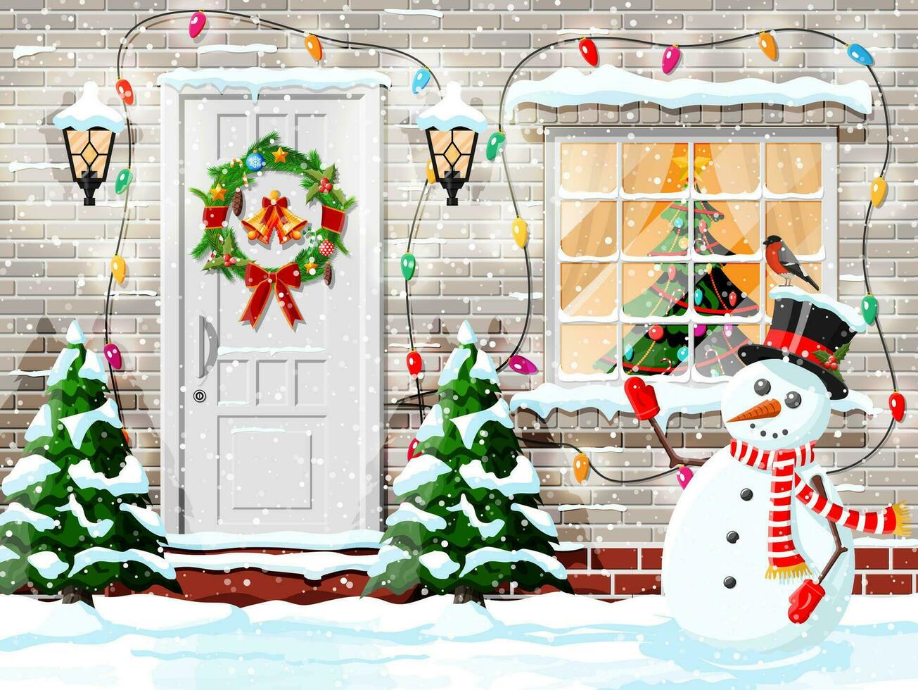 Natale facciata decorazione. Ingresso per suburbano Casa decorato con ghirlanda, campane, ghirlanda luci. vacanza saluti. fiocchi di neve, pupazzo di neve. nuovo anno e natale celebrazione. piatto vettore illustrazione