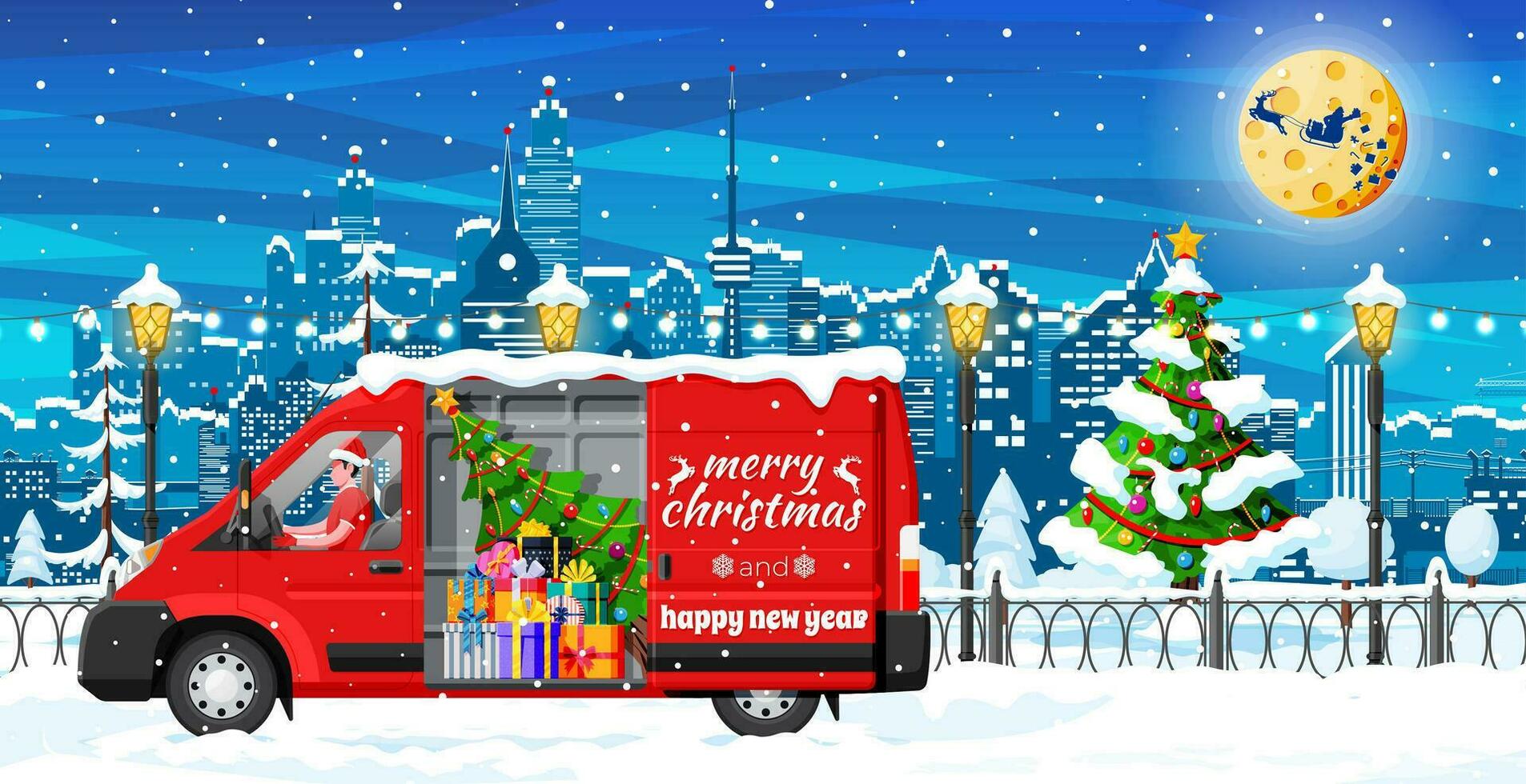 Natale consegna furgone camion nel cittadina. consegna uomo nel Santa Claus cappello. contento nuovo anno decorazione. allegro Natale vacanza. città coperto neve. nuovo anno e natale celebrazione. piatto vettore illustrazione