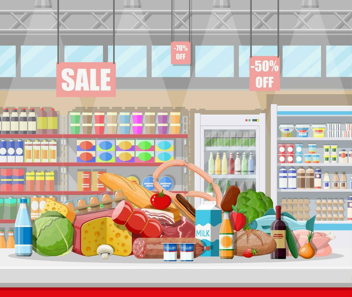 supermercato memorizzare interno con merce. grande shopping centro commerciale. interno memorizzare dentro. check-out contatore, drogheria, bevande, cibo, frutta, latteria prodotti. vettore illustrazione nel piatto stile