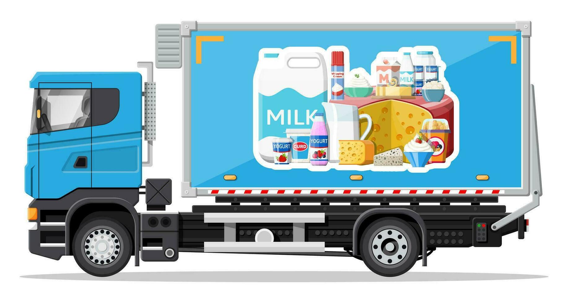 camion auto pieno di latte prodotti. negozio e azienda agricola consegna servizio. consegna e vendita latte e formaggio latteria prodotti concetto. carico e logistico. cartone animato piatto vettore illustrazione