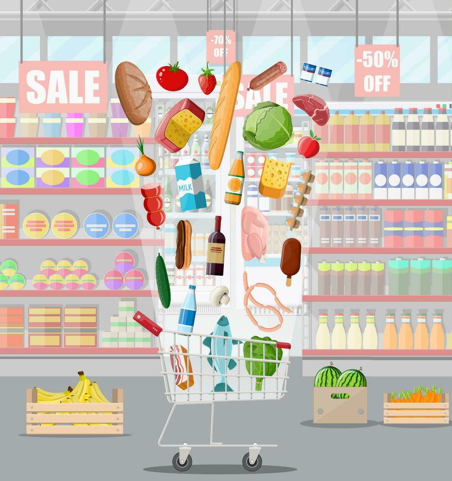 supermercato memorizzare interno con merce. grande shopping centro commerciale. interno memorizzare dentro. check-out contatore, drogheria, bevande, cibo, frutta, latteria prodotti. vettore illustrazione nel piatto stile