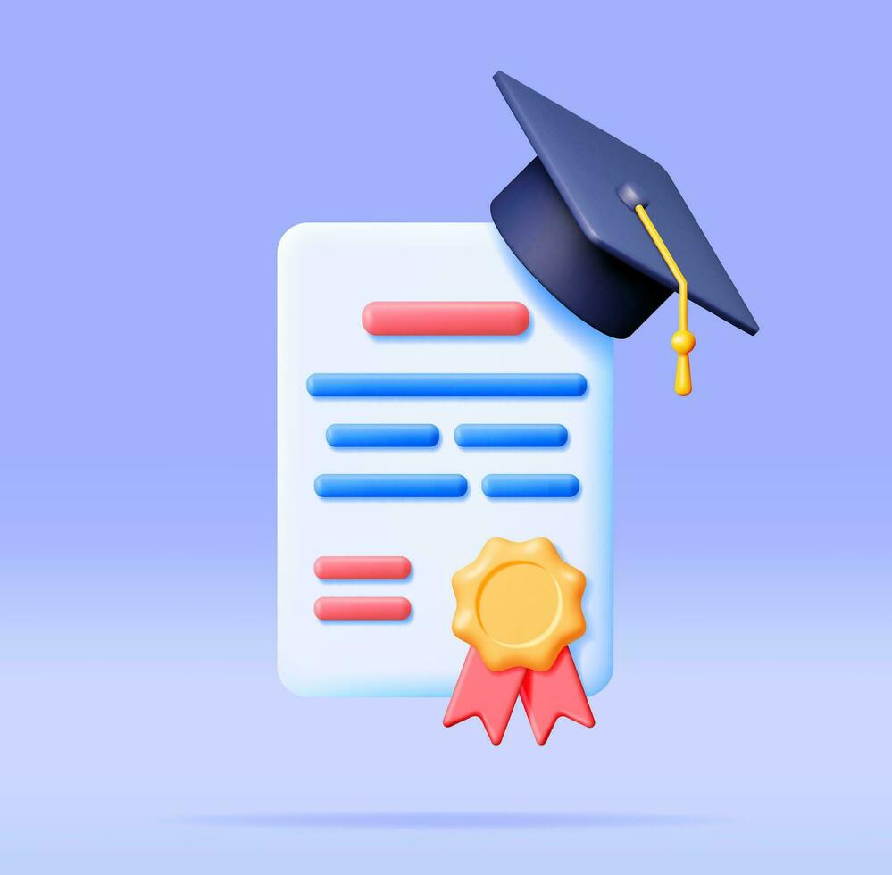 3d certificato con francobollo e la laurea cap. rendere bianca diploma con distintivo e formazione scolastica cappello. diploma o accreditamento. obbiettivo e risultato. attività commerciale la laurea concetto. vettore illustrazione