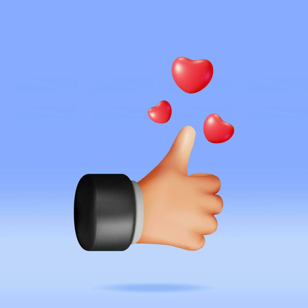 3d pollici su mano gesto con cuore isolato. rendere piace mano cuore simbolo. cliente valutazione o votazione. piace o amore pulsante per sociale media, mobile app. cartone animato dita gesti. vettore illustrazione