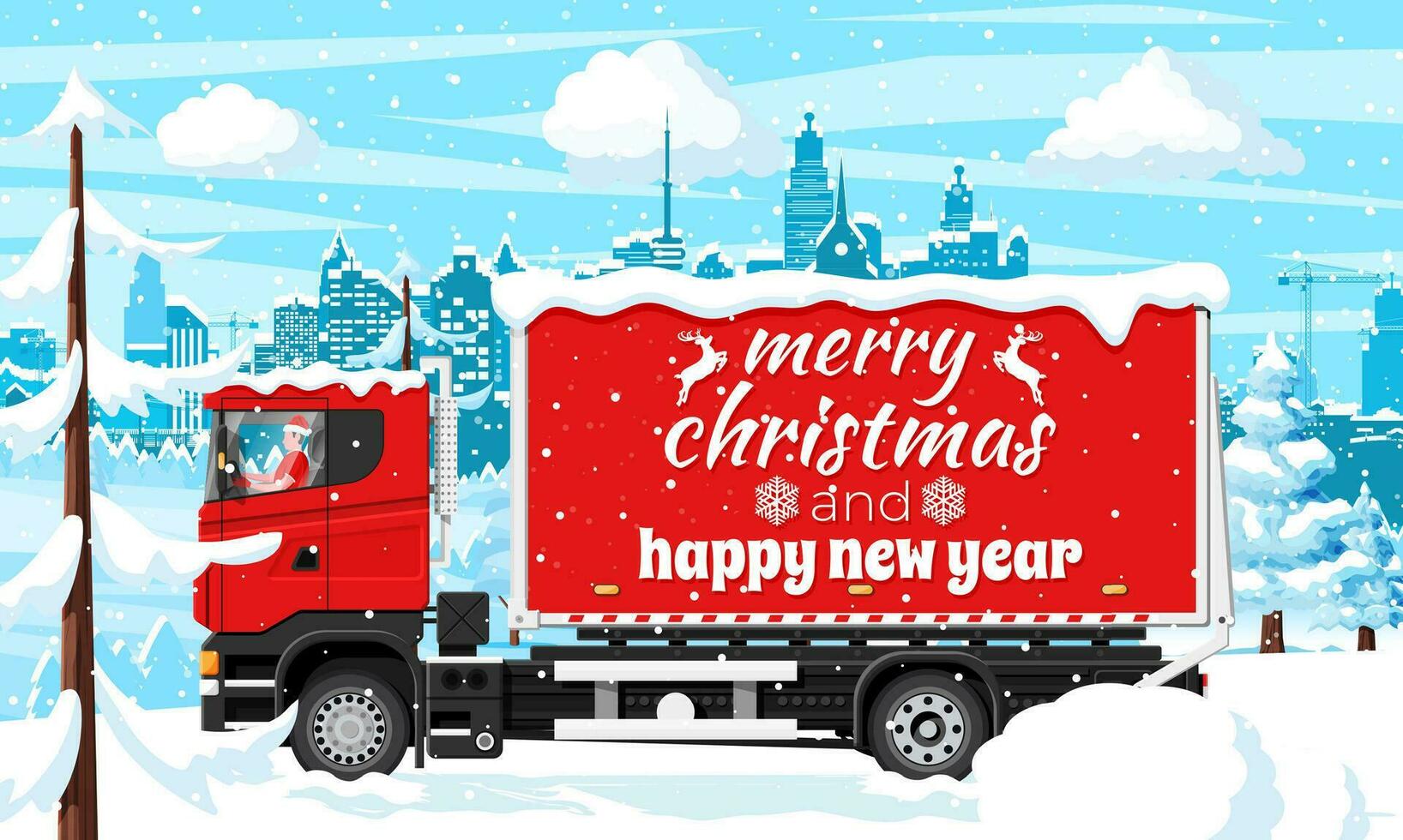 Natale consegna camion nel cittadina. consegna uomo nel Santa Claus cappello. contento nuovo anno decorazione. allegro Natale vacanza. città coperto neve. nuovo anno e natale celebrazione. piatto vettore illustrazione