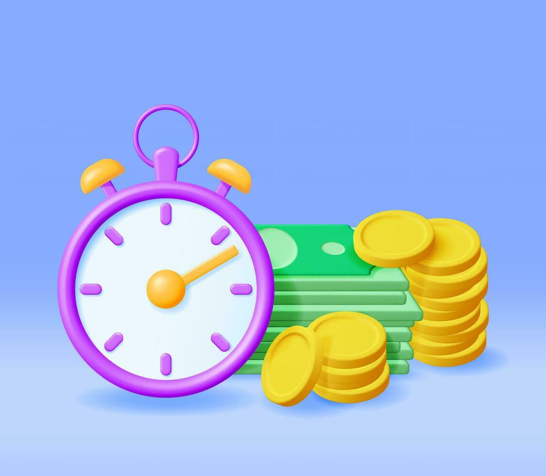 3d orologio con dollaro banconote e monete isolato. rendere tempo è i soldi concetto annuale reddito, finanziario investimento, risparmio, banca depositare, futuro reddito, i soldi beneficio. vettore illustrazione