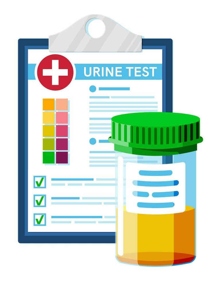 urina test tubo, medico modulo elenco con risultati dati isolato. campione nel bicchiere tubo. laboratorio contenitore con urina. campione tazza per urologico analisi e visita medica. piatto vettore illustrazione