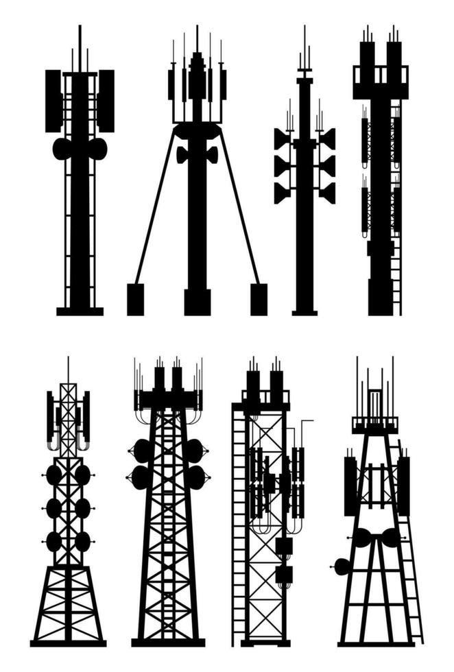 trasmissione cellulare Torre antenna silhouette. Rete trasmissione attrezzatura isolato. trasmissione, Internet, televisione cellula stazione. 4g 5 g. satellitare comunicazione antenna. vettore illustrazione