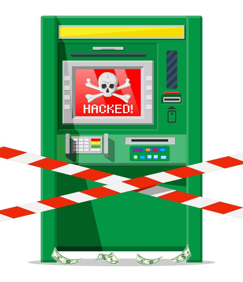 violato ATM concetto, scrematura, rubare i soldi a partire dal automatizzato cassiere macchina. su di servizio o rapina, penale trucchi Software nel banca. spyware malware. computer sicurezza. piatto vettore illustrazione