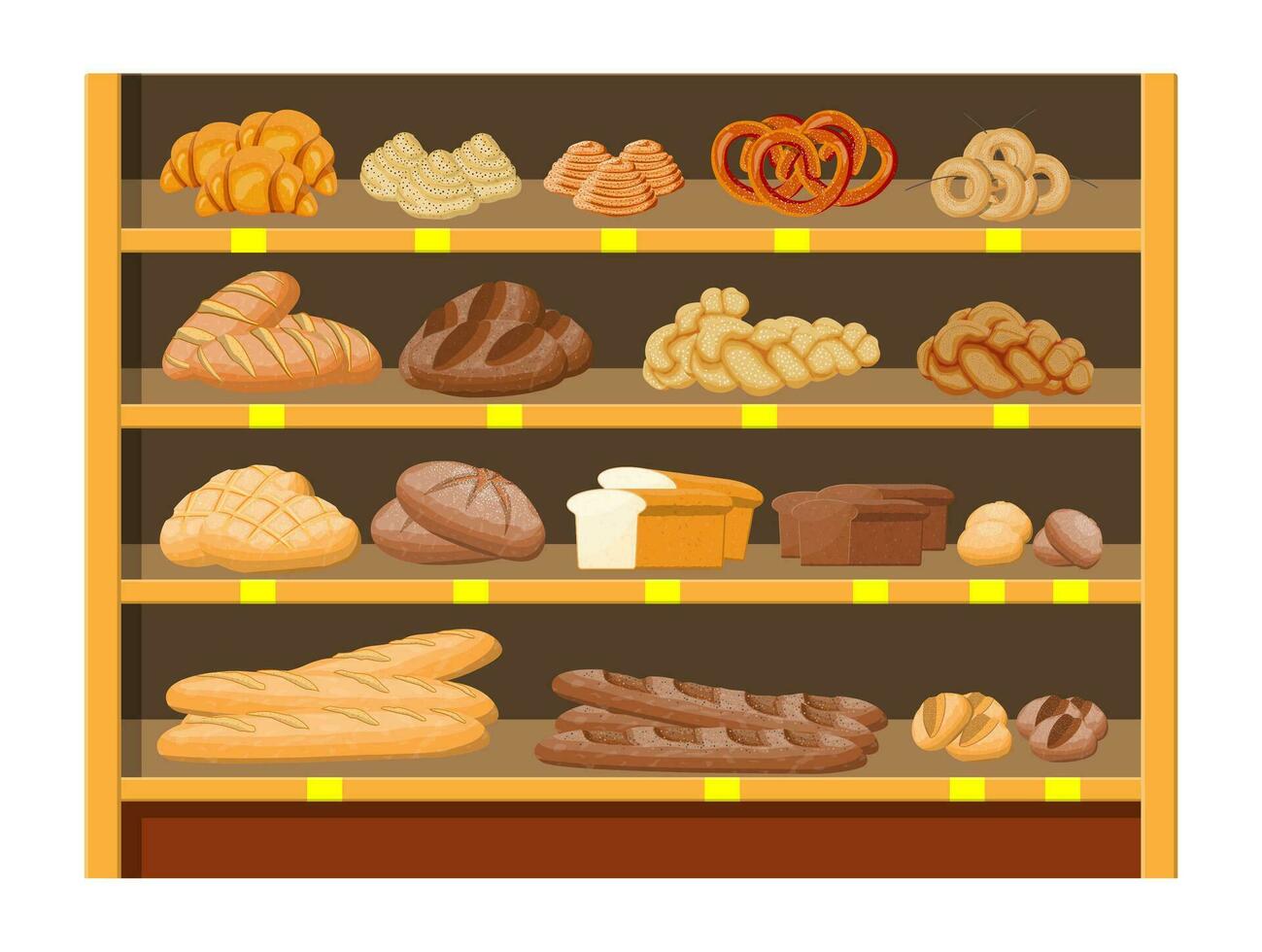 pane prodotti nel shopping centro commerciale supermercato interno. totale grano, Grano e segale pane, pane abbrustolito, pretzel, Ciabatta, brioche, ciambella, francese baguette, cannella panino. piatto vettore illustrazione