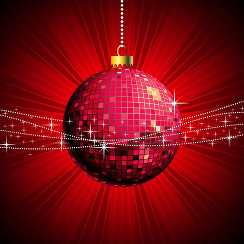 Illustrazione di Natale con palla splendente e stile discoteca vettore