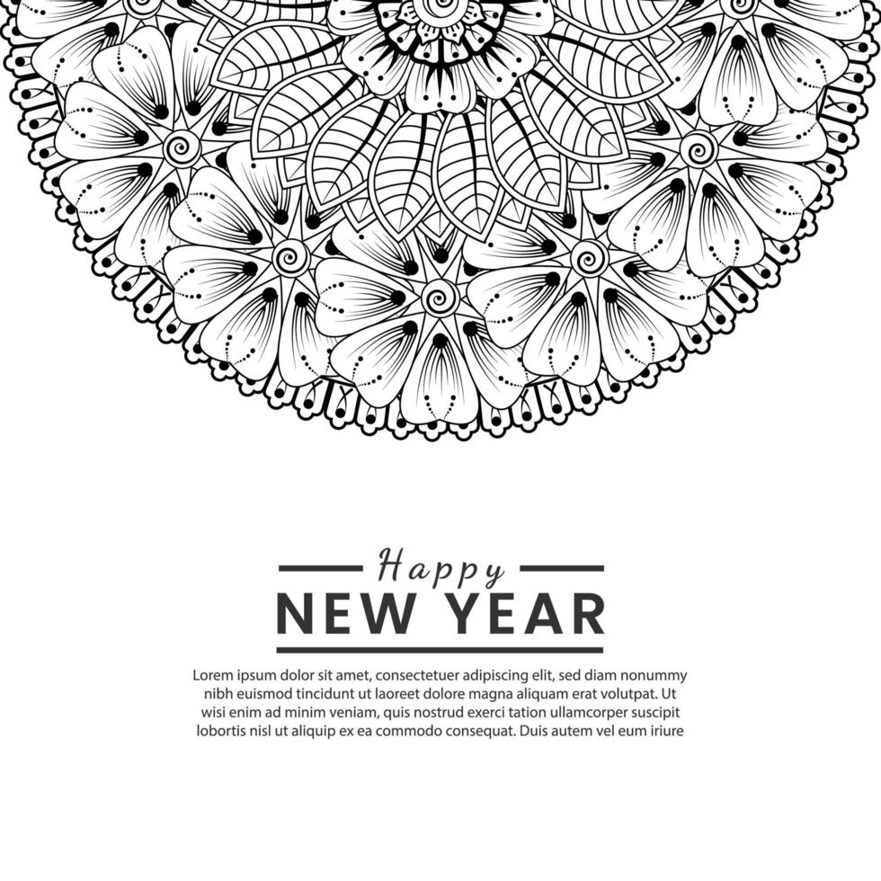 felice anno nuovo banner o modello di carta con fiore mehndi vettore