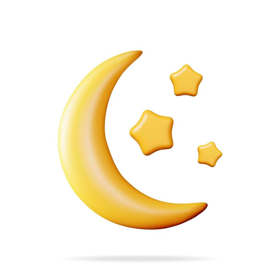 3d oro mezzaluna Luna con stelle. rendere giallo Luna Palloncino e stella. festa evento decorazione. nozze, compleanno, celebrazione. islamico Ramadan, musulmano anniversario. cartone animato vettore illustrazione