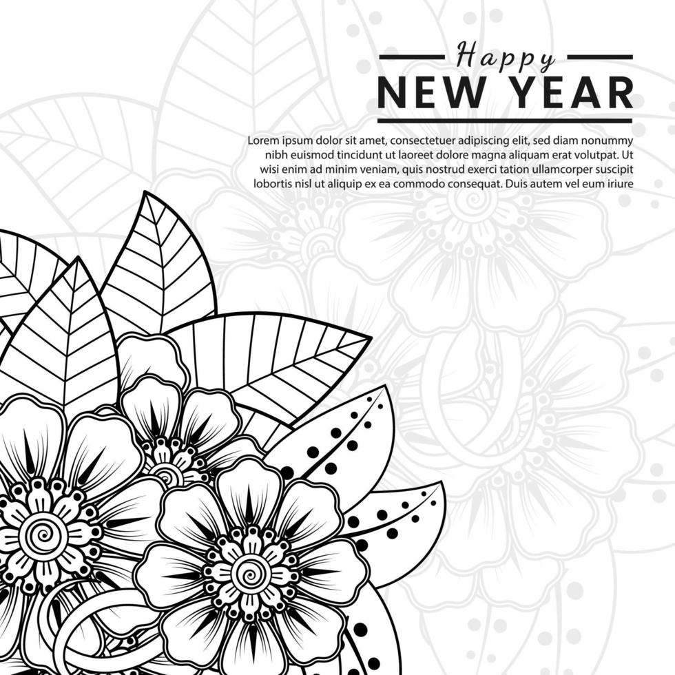 felice anno nuovo banner o modello di carta con fiore mehndi vettore