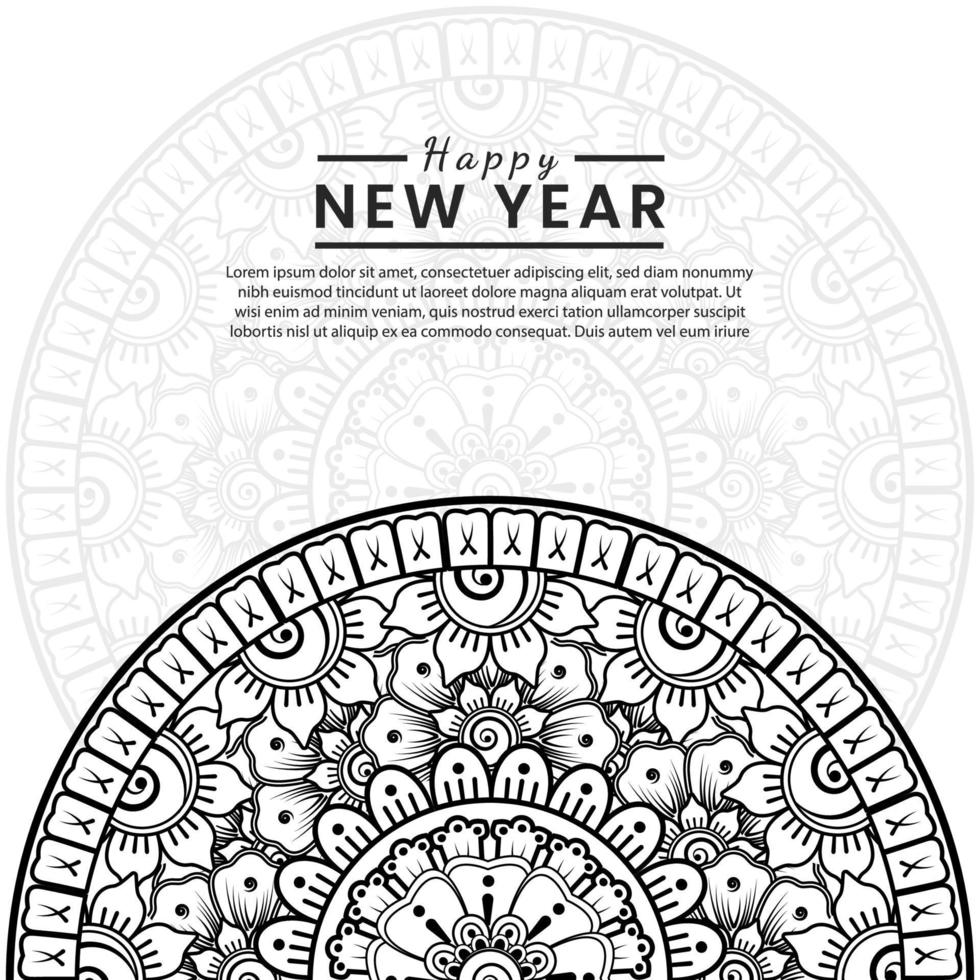 felice anno nuovo banner o modello di carta con fiore mehndi vettore