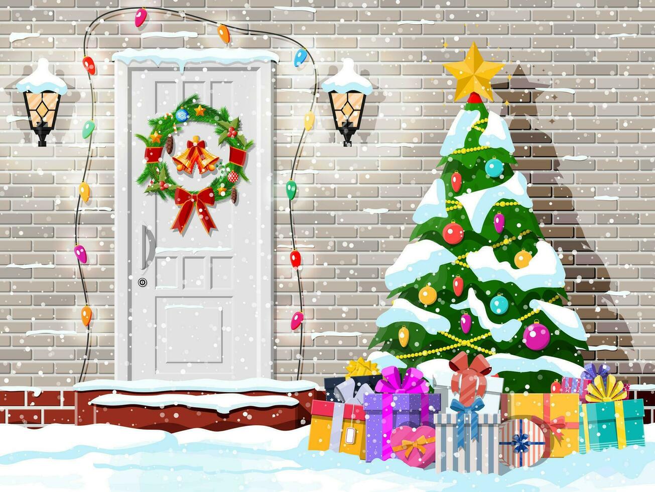 Natale porta decorazione. Ingresso per suburbano Casa decorato con ghirlanda, campane, ghirlanda luci. vacanza saluti. fiocchi di neve, regalo scatole. nuovo anno e natale celebrazione. piatto vettore illustrazione