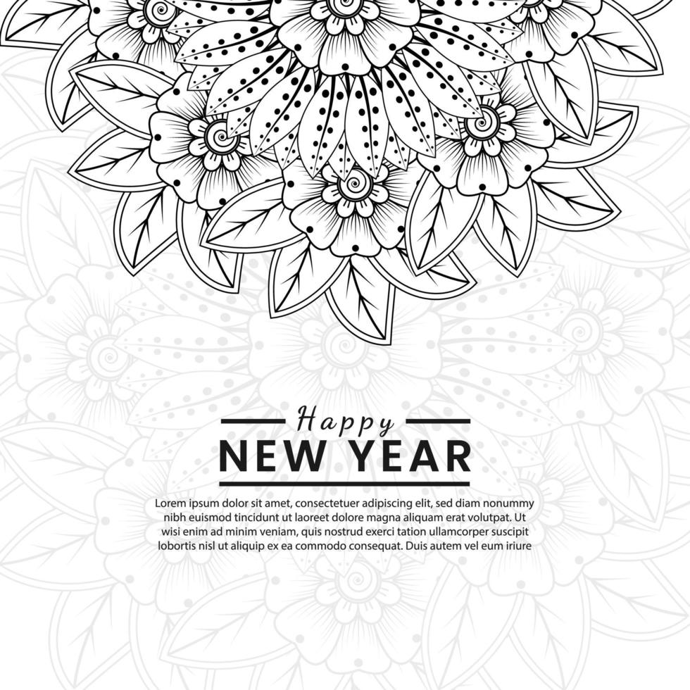 felice anno nuovo banner o modello di carta con fiore mehndi vettore