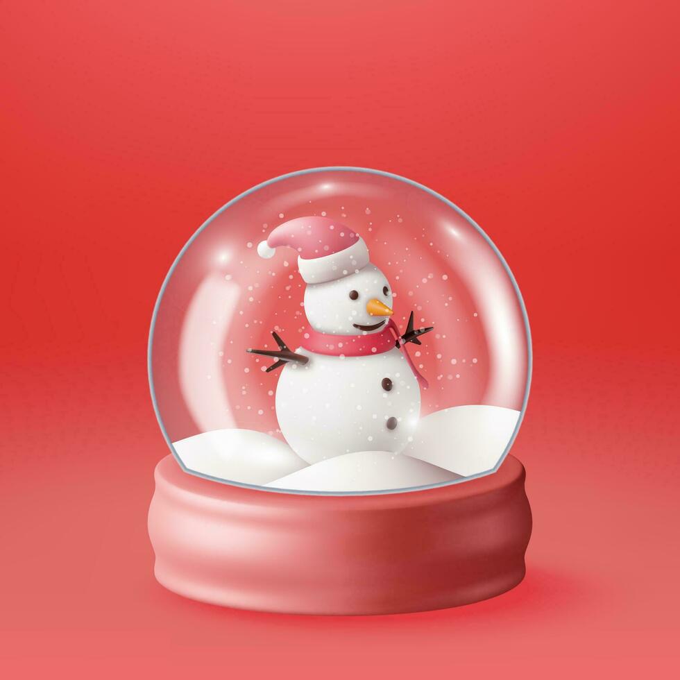 3d bicchiere Natale neve globo con pupazzo di neve isolato. rendere sfera podio con neve uomo. contento nuovo anno decorazione. allegro Natale vacanza. nuovo anno natale celebrazione. realistico vettore illustrazione