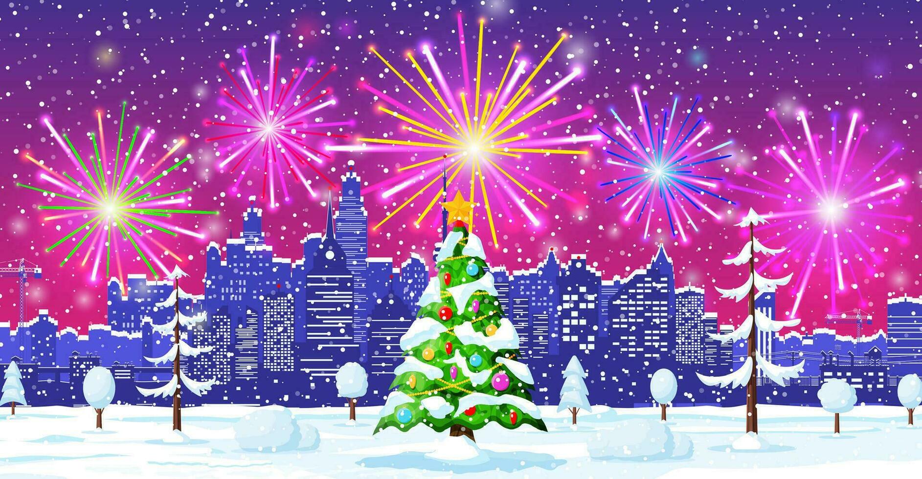 Natale carta con urbano paesaggio e fuochi d'artificio. paesaggio urbano con grattacielo case con saluto nel notte. inverno città accogliente cittadina città panorama. nuovo anno Natale natale striscione. piatto vettore illustrazione