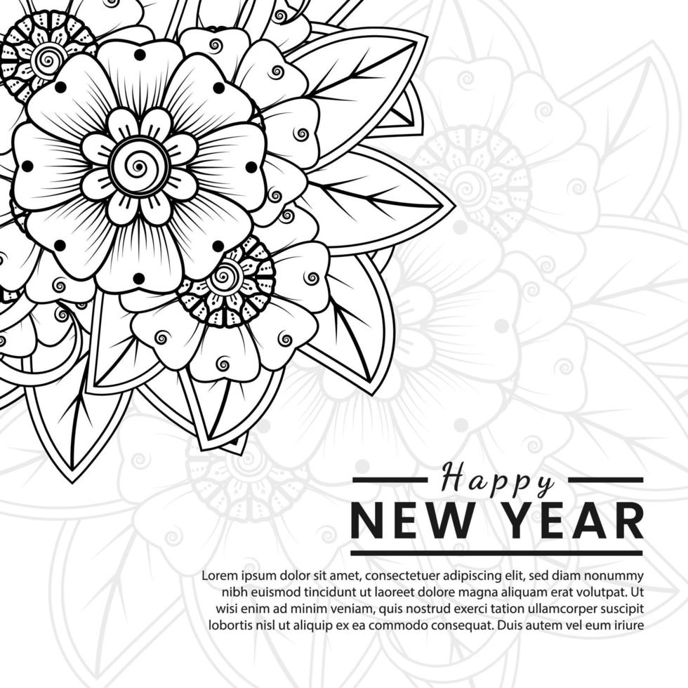 felice anno nuovo banner o modello di carta con fiore mehndi vettore