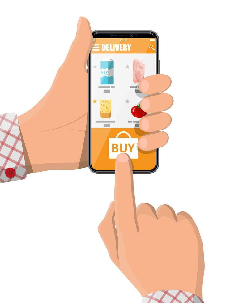 mano Tenere smartphone con shopping app. drogheria memorizzare consegna. Internet ordine. in linea supermaket. cibo e bevande. latte, la verdura, carne, formaggio. vettore illustrazione piatto stile