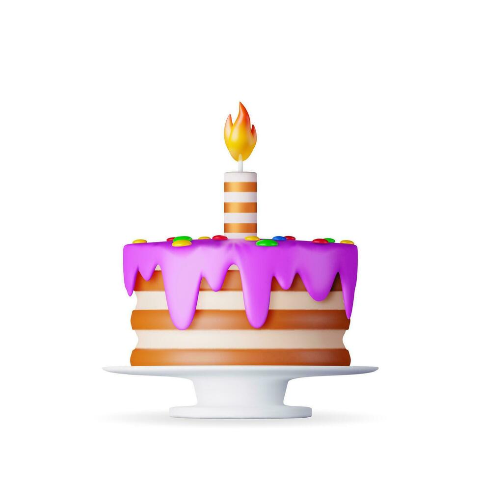 3d torta con uno ardente candela isolato su bianca. rendere cioccolato strato torta decorato con viola Smalto glassatura. dolce festa torta, vacanza anniversario, celebrazione dolce regalo. vettore illustrazione