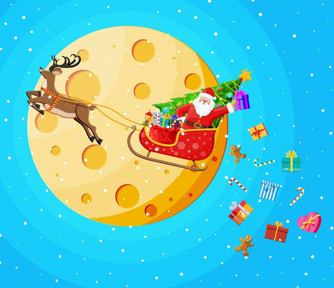 Santa Claus su slitta pieno di i regali e il suo renna. Santa gocce Natale regali. contento nuovo anno decorazione. allegro Natale vacanza. nuovo anno e natale celebrazione. piatto vettore illustrazione