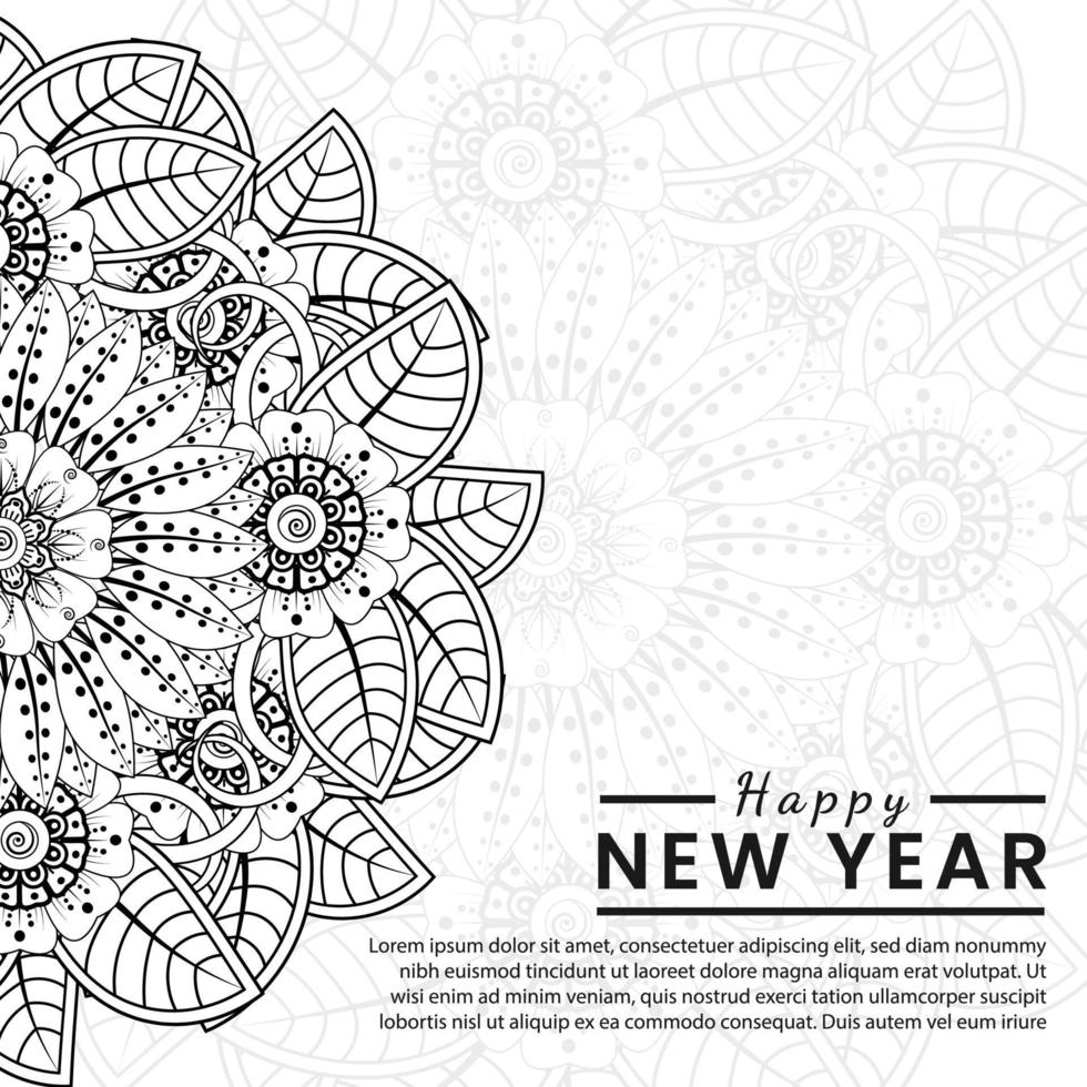 felice anno nuovo banner o modello di carta con fiore mehndi vettore