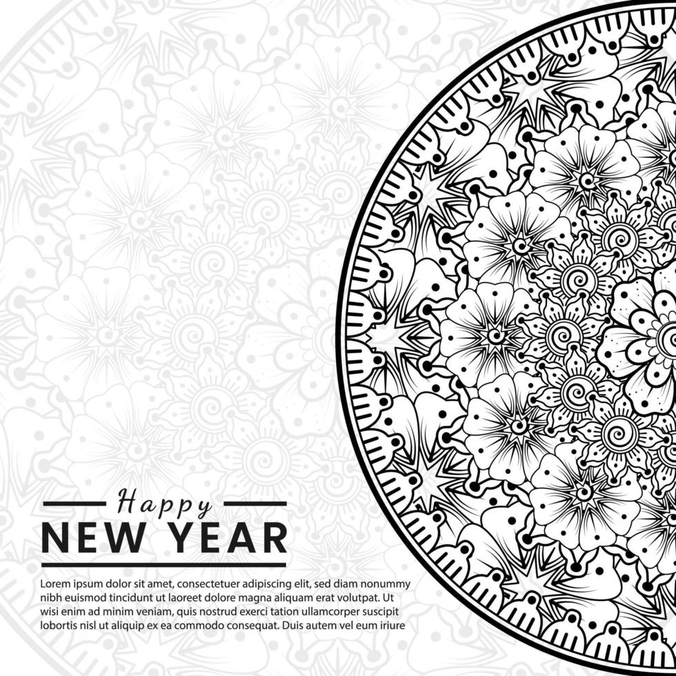 felice anno nuovo banner o modello di carta con fiore mehndi vettore