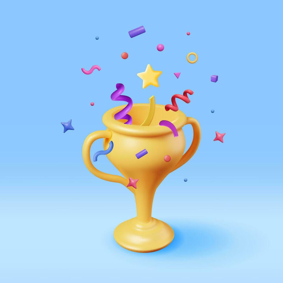 3d d'oro campione trofeo con coriandoli. rendere oro tazza trofeo icona. oro trofeo per gare. premio vittoria, obiettivo, campione risultato, premio, gli sport premio, successo concetto. vettore illustrazione