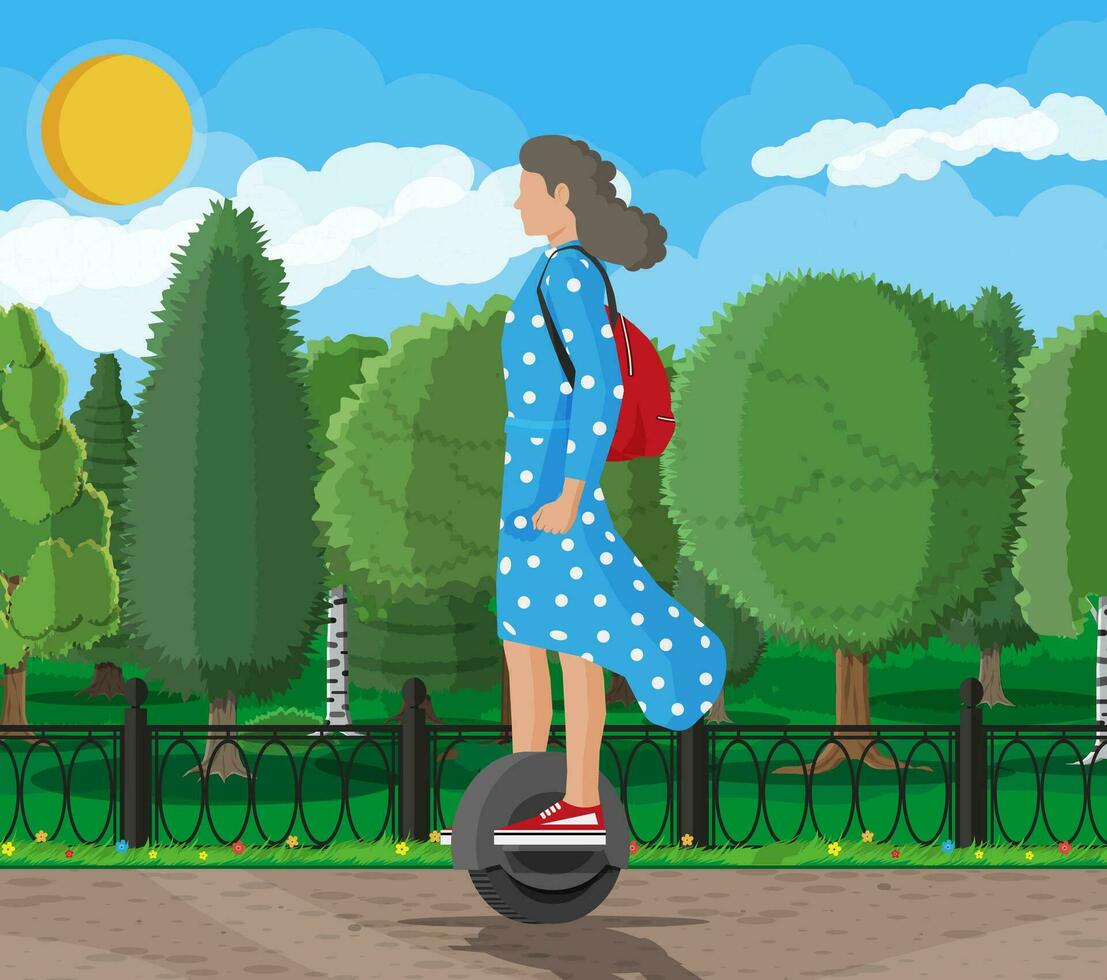 ragazza su monociclo ruota. donna con zaino equitazione elettrico se stesso equilibratura scooter. fricchettone personaggio usi moderno urbano trasporto. ecologico, conveniente città trasporto. piatto vettore illustrazione