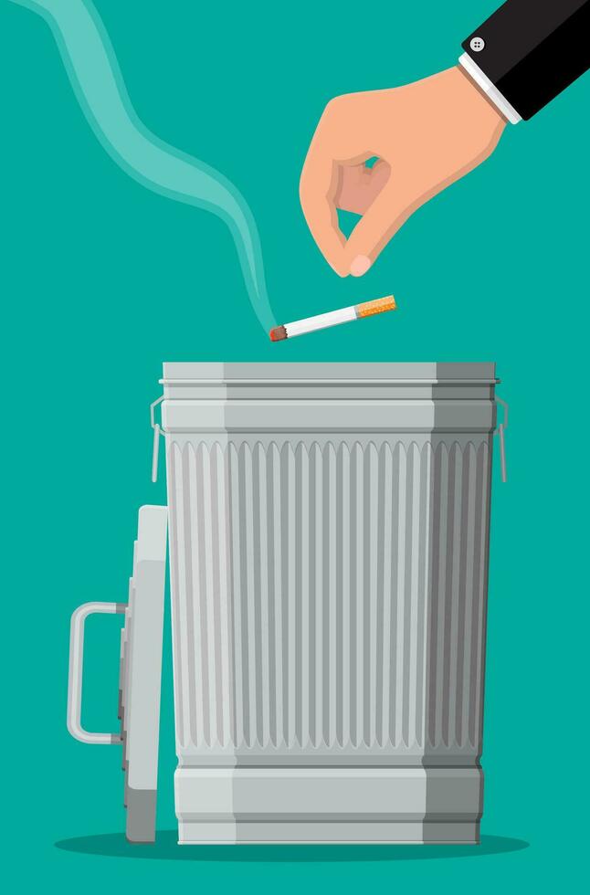 tabacco abuso concetto. mano mettendo sigarette nel spazzatura bidone. no fumare. rifiuto, proposta Fumo. vettore illustrazione nel piatto stile.