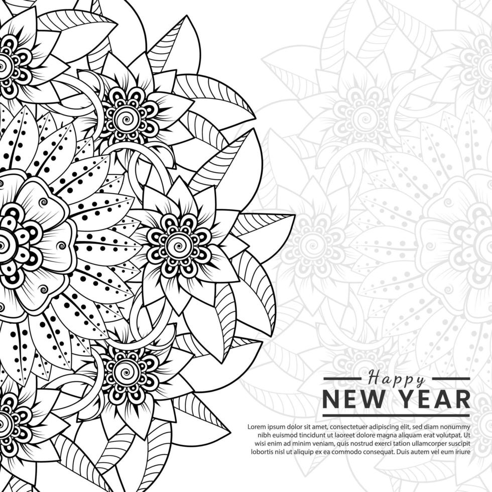 felice anno nuovo banner o modello di carta con fiore mehndi vettore