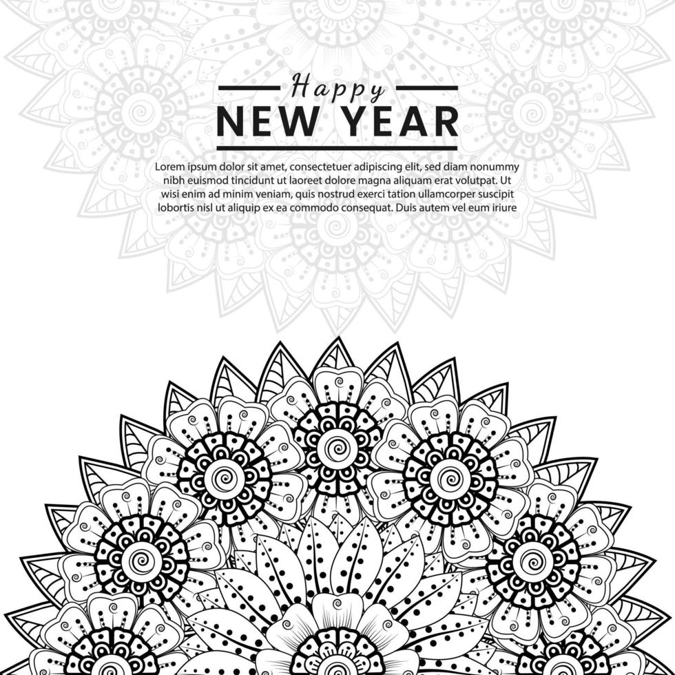 felice anno nuovo banner o modello di carta con fiore mehndi vettore