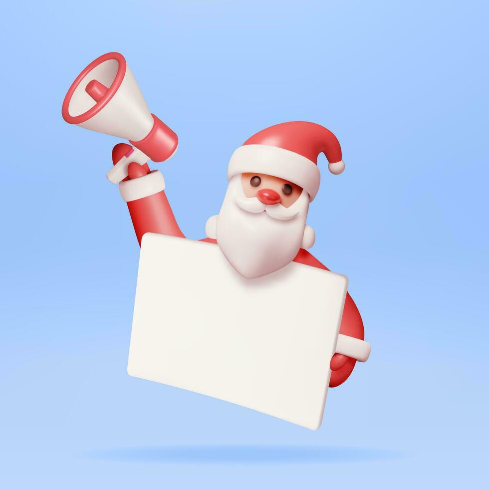 3d Santa Claus personaggio Tenere megafono e saluti striscione. rendere Natale promozione vacanza annuncio. nuovo anno decorazione Natale vacanza natale celebrazione. realistico vettore illustrazione