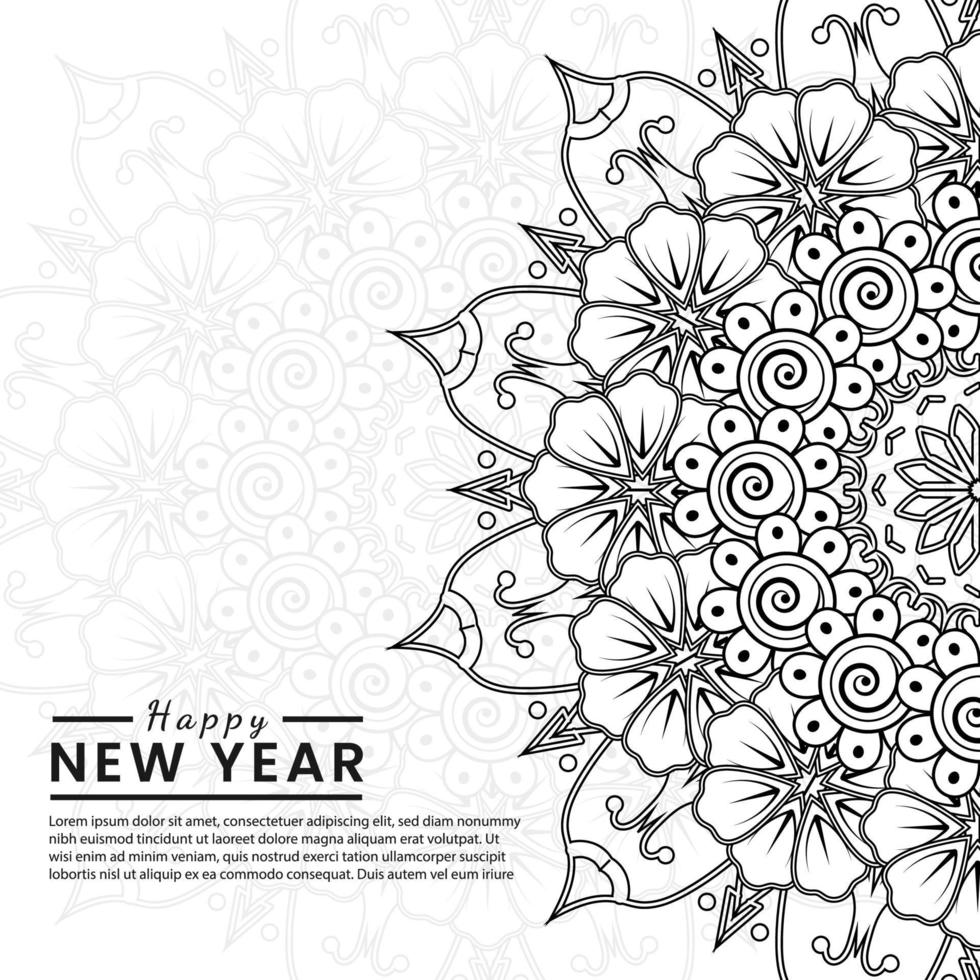 felice anno nuovo banner o modello di carta con fiore mehndi vettore