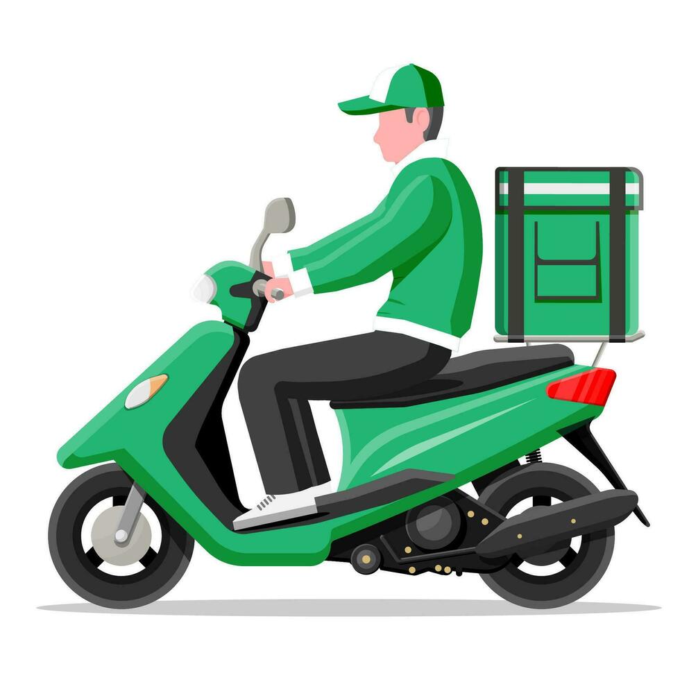 consegna uomo equitazione motocicletta scooter con il scatola. concetto di veloce consegna nel il città. maschio Corriere con pacco scatola su il suo indietro con merce, cibo e prodotti. cartone animato piatto vettore illustrazione