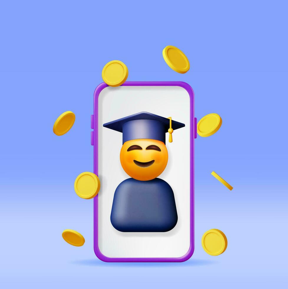 3d contento sorridente emoticon nel diplomato berretto nel Telefono. rendere smartphone con Sorridi alunno nel la laurea cappello. sparviere cappello. in linea formazione scolastica concetto e-learning, in linea corsi. vettore illustrazione