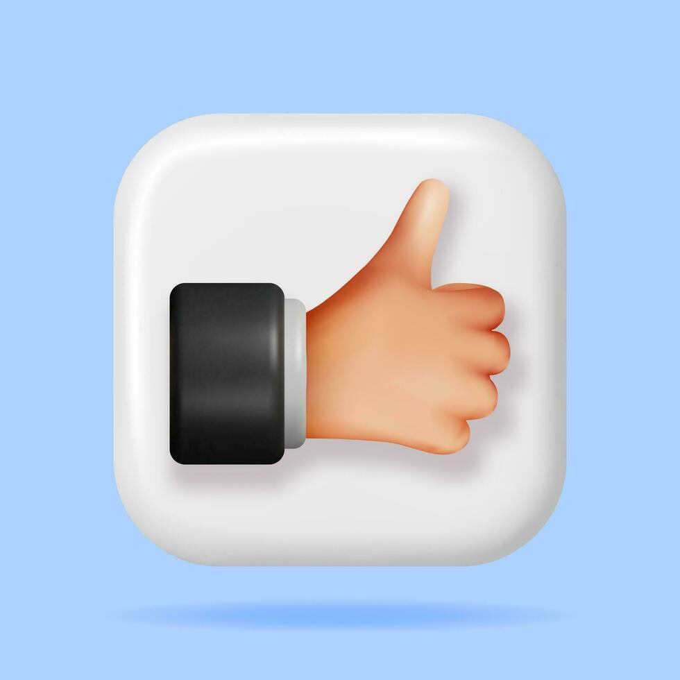 3d pollici su mano gesto pulsante isolato. rendere piace mano simbolo. cliente valutazione o votazione icone. piace o amore pulsante per sociale media e mobile app. cartone animato dita gesti. vettore illustrazione