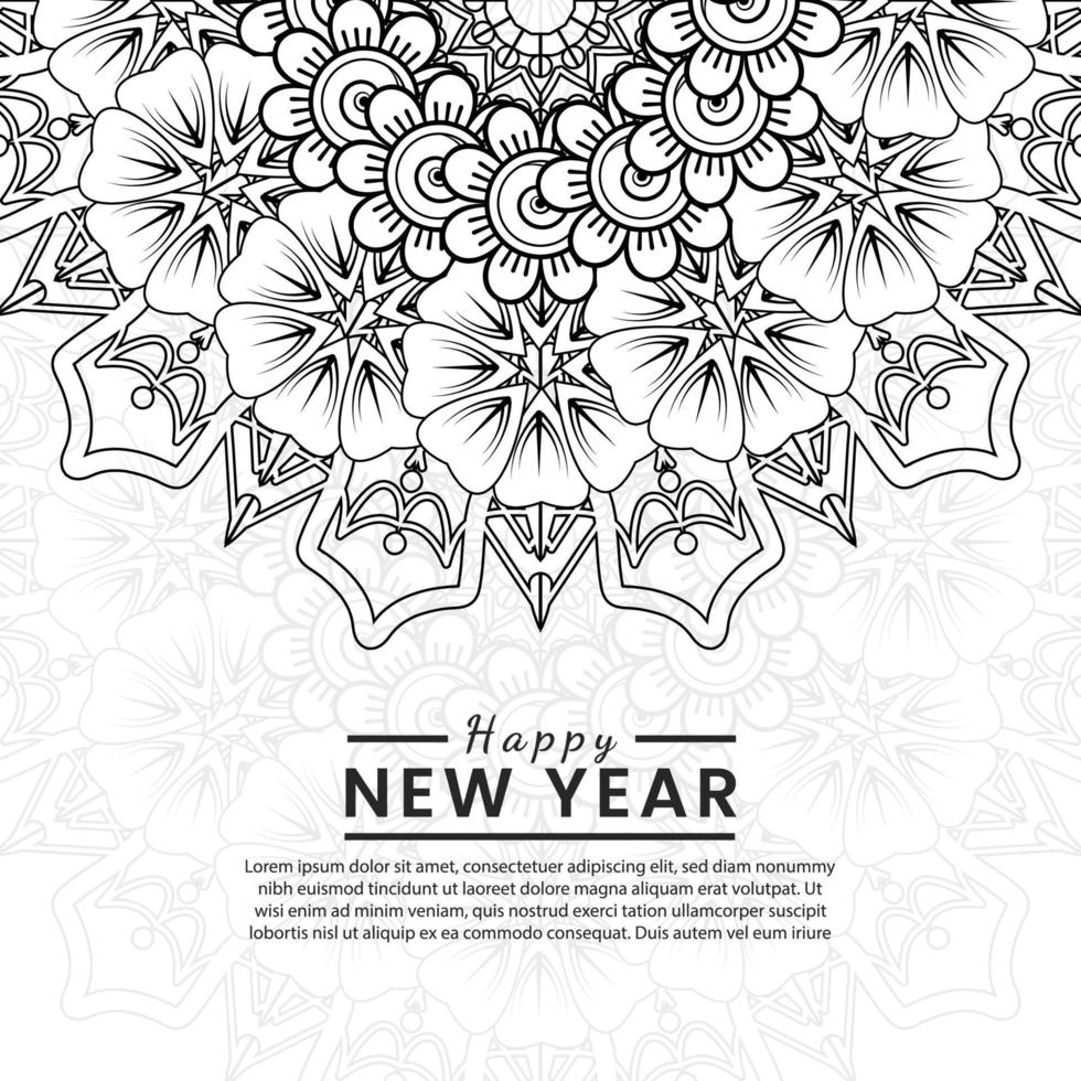 felice anno nuovo banner o modello di carta con fiore mehndi vettore