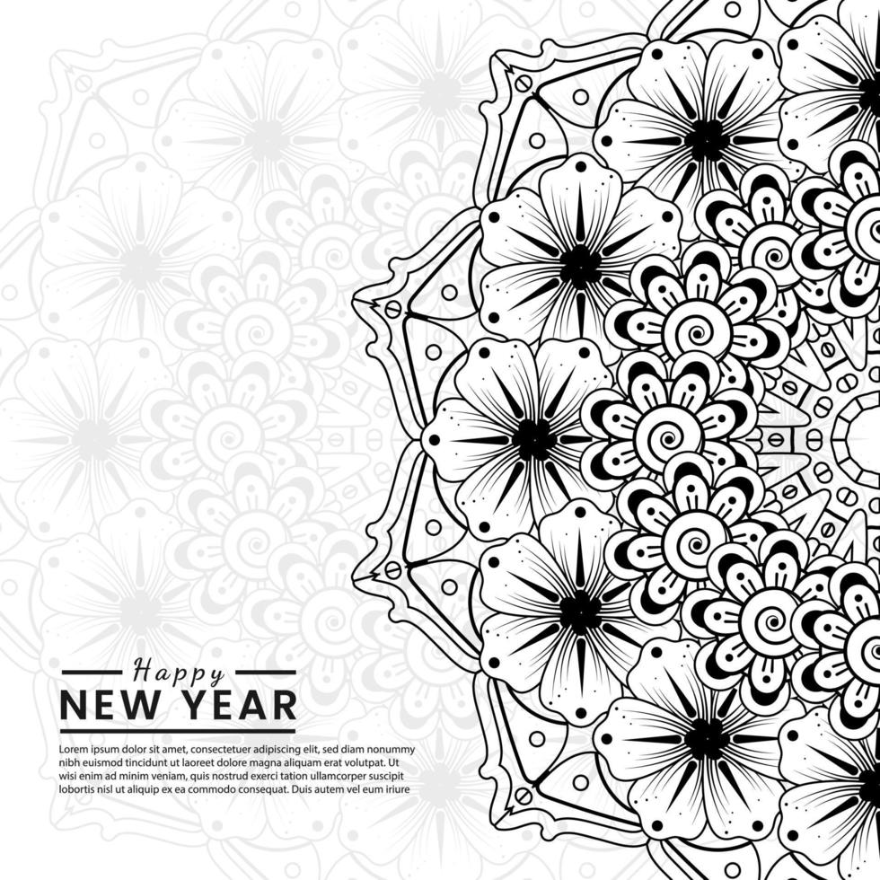 felice anno nuovo banner o modello di carta con fiore mehndi vettore