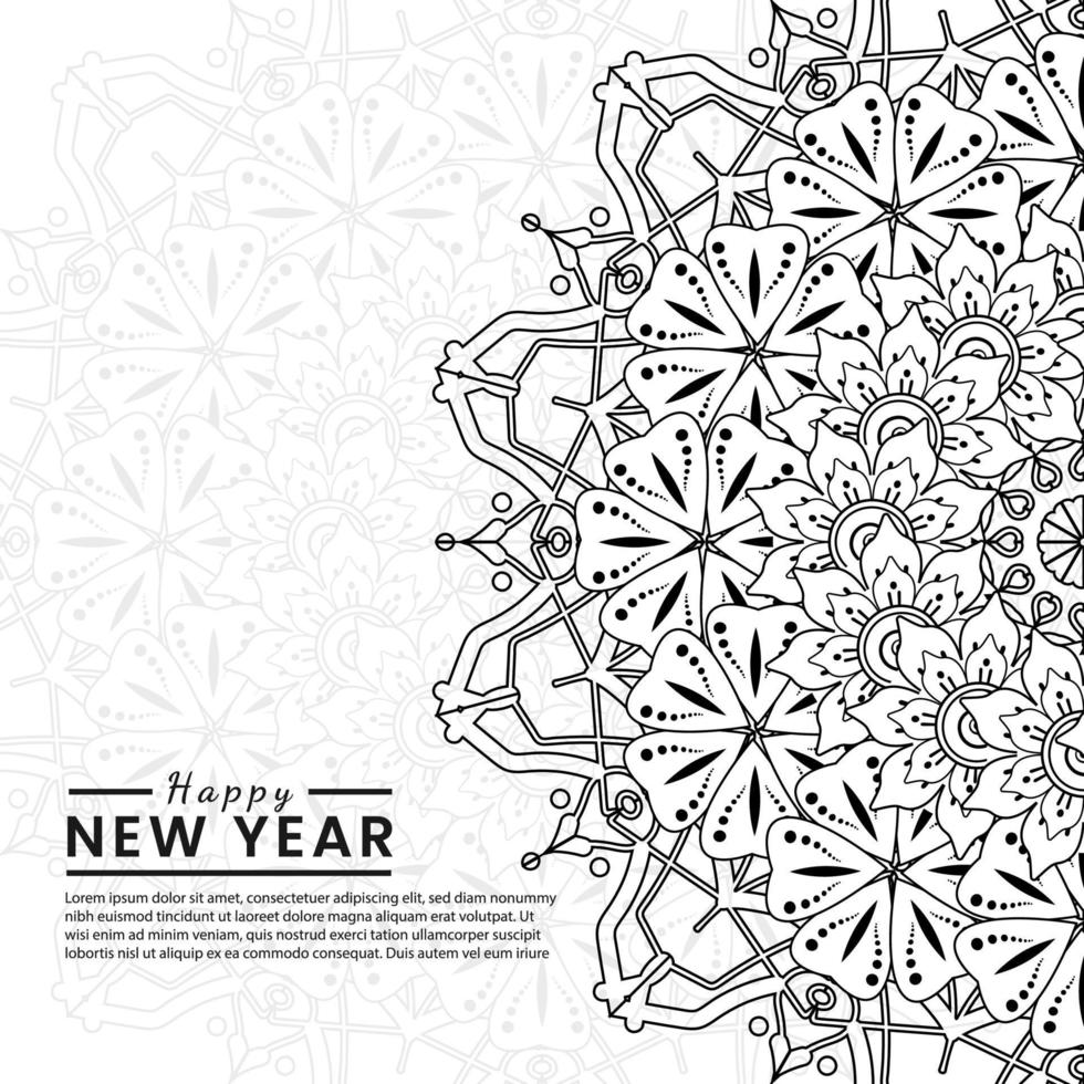 felice anno nuovo banner o modello di carta con fiore mehndi vettore