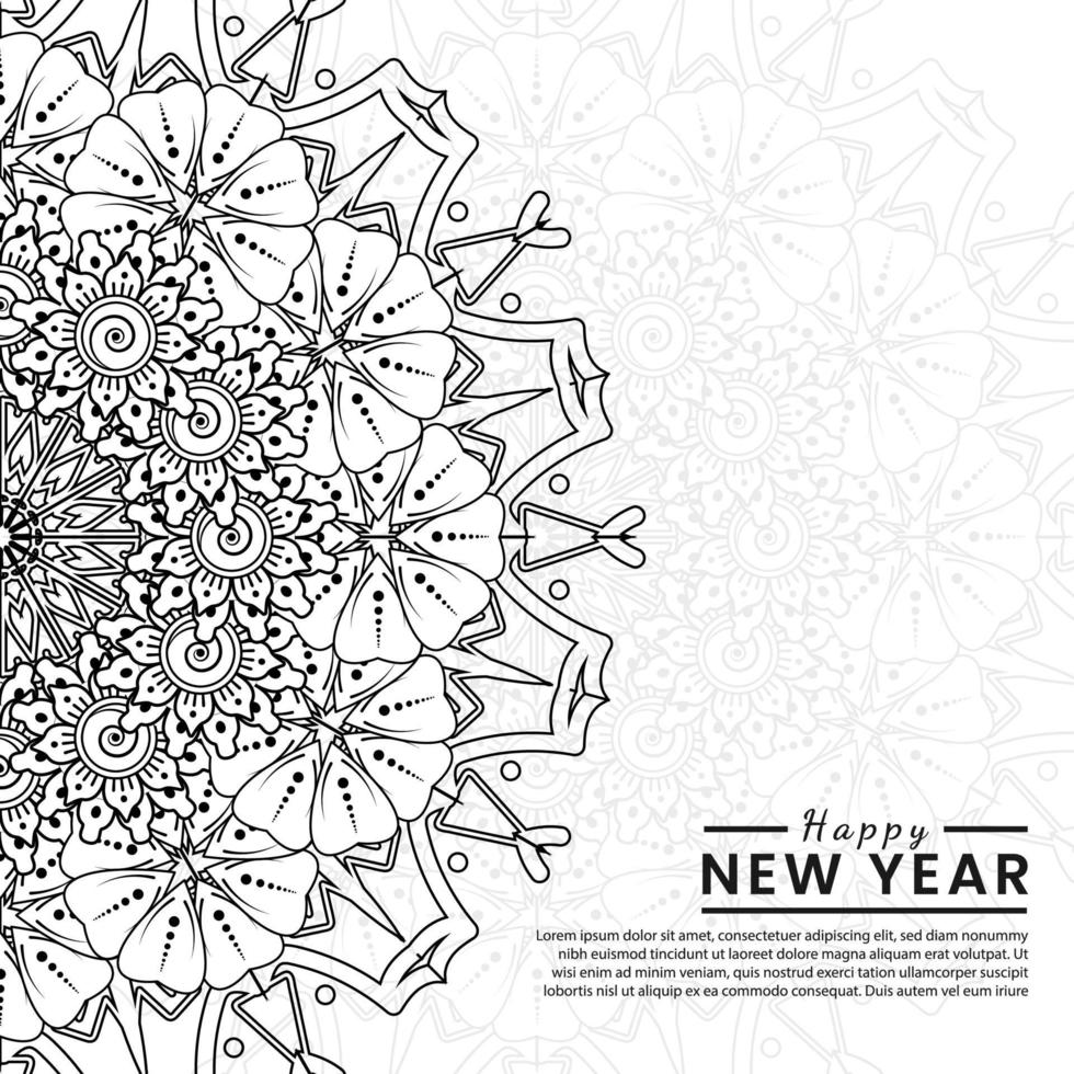 felice anno nuovo banner o modello di carta con fiore mehndi vettore