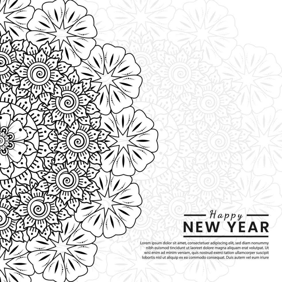 felice anno nuovo banner o modello di carta con fiore mehndi vettore